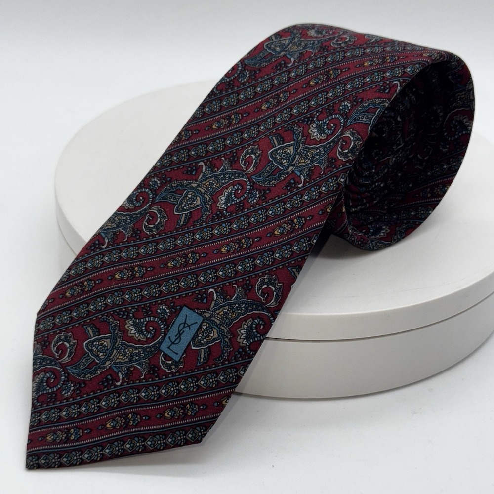 NWOT YSL Tie Yves Saint Laurent Silk Necktie Burgundy Blue Paisley Neckwear